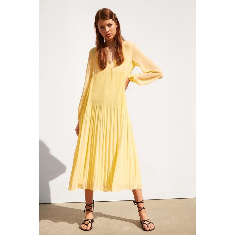 Zara Pleated Midi Midaxi Maxi Butter Yellow Summer Spring Dress
